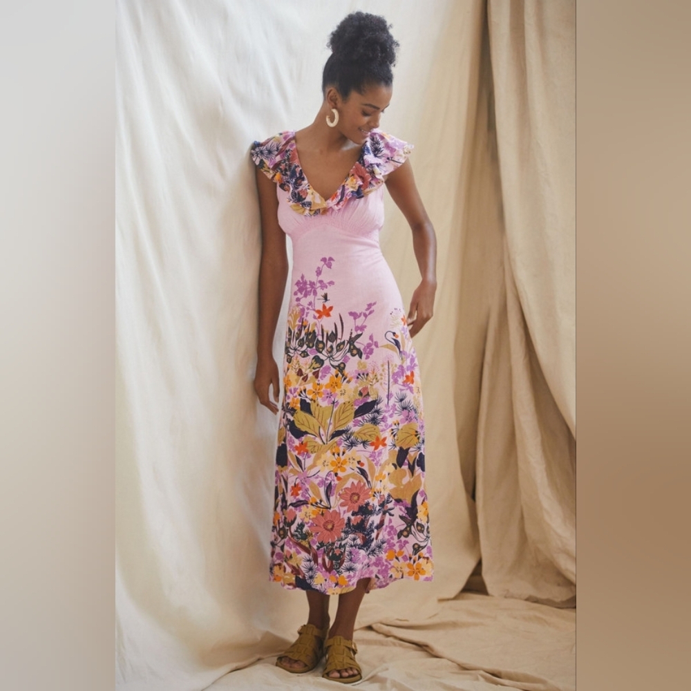 Anthropologie Pink Floral Ruffle Maxi Dress